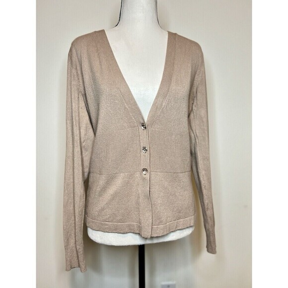 NY&C Tan V-Neck Cardigan Sweater Button Front Ribbed Knit Hem & Cuffs - Picture 1 of 8